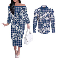 Hibiscus Pakala Cobalt Blue Royal Couples Matching Off The Shoulder Long Sleeve Dress and Long Sleeve Button Shirt Tropical Floral Stylized - Polynesian Pride