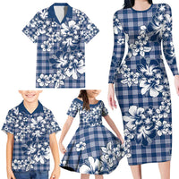 Hibiscus Pakala Cobalt Blue Royal Family Matching Long Sleeve Bodycon Dress and Hawaiian Shirt Tropical Floral Stylized - Polynesian Pride