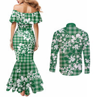 Hibiscus Pakala Emerald Green Couples Matching Mermaid Dress and Long Sleeve Button Shirt Tropical Floral Stylized - Polynesian Pride