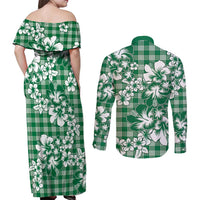 Hibiscus Pakala Emerald Green Couples Matching Off Shoulder Maxi Dress and Long Sleeve Button Shirt Tropical Floral Stylized - Polynesian Pride