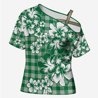 Hibiscus Pakala Emerald Green Cross Shoulder Shirt Tropical Floral Stylized - Polynesian Pride