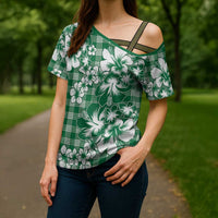 Hibiscus Pakala Emerald Green Cross Shoulder Shirt Tropical Floral Stylized - Polynesian Pride