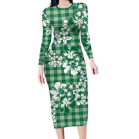 Hibiscus Pakala Emerald Green Family Matching Long Sleeve Bodycon Dress and Hawaiian Shirt Tropical Floral Stylized - Polynesian Pride