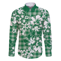 Hibiscus Pakala Emerald Green Family Matching Off The Shoulder Long Sleeve Dress and Hawaiian Shirt Tropical Floral Stylized - Polynesian Pride