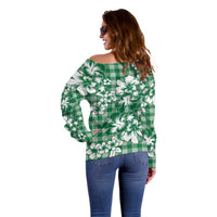 Hibiscus Pakala Emerald Green Off Shoulder Sweater Tropical Floral Stylized LT01 - Polynesian Pride