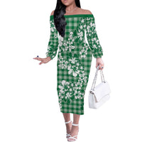 Hibiscus Pakala Emerald Green Off The Shoulder Long Sleeve Dress Tropical Floral Stylized - Polynesian Pride