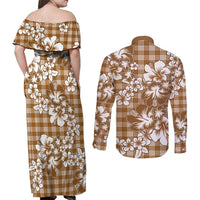 Hibiscus Pakala Bronze Brown Couples Matching Off Shoulder Maxi Dress and Long Sleeve Button Shirt Tropical Floral Stylized - Polynesian Pride