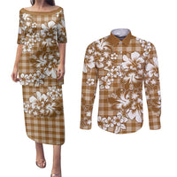 Hibiscus Pakala Bronze Brown Couples Matching Puletasi and Long Sleeve Button Shirt Tropical Floral Stylized - Polynesian Pride