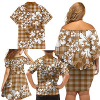 Hibiscus Pakala Bronze Brown Family Matching Off Shoulder Short Dress and Hawaiian Shirt Tropical Floral Stylized - Polynesian Pride