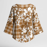 Hibiscus Pakala Bronze Brown Kimono Sleeve Blouse Tropical Floral Stylized - Polynesian Pride