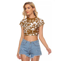 Hibiscus Pakala Bronze Brown Raglan Cropped T Shirt Tropical Floral Stylized - Polynesian Pride