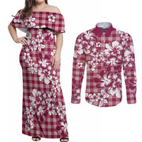 Hibiscus Pakala Royal Magenta Couples Matching Off Shoulder Maxi Dress and Long Sleeve Button Shirt Tropical Floral Stylized - Polynesian Pride