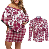 Hibiscus Pakala Royal Magenta Couples Matching Off Shoulder Short Dress and Long Sleeve Button Shirt Tropical Floral Stylized - Polynesian Pride