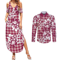 Hibiscus Pakala Royal Magenta Couples Matching Summer Maxi Dress and Long Sleeve Button Shirt Tropical Floral Stylized - Polynesian Pride