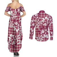 Hibiscus Pakala Royal Magenta Couples Matching Summer Maxi Dress and Long Sleeve Button Shirt Tropical Floral Stylized - Polynesian Pride