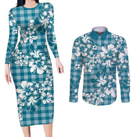 Hibiscus Pakala Ocean Depths Blue Couples Matching Long Sleeve Bodycon Dress and Long Sleeve Button Shirt Tropical Floral Stylized - Polynesian Pride