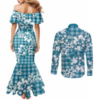 Hibiscus Pakala Ocean Depths Blue Couples Matching Mermaid Dress and Long Sleeve Button Shirt Tropical Floral Stylized - Polynesian Pride