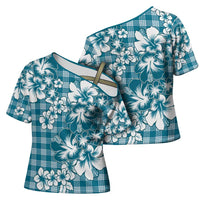 Hibiscus Pakala Ocean Depths Blue Cross Shoulder Shirt Tropical Floral Stylized - Polynesian Pride