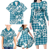Hibiscus Pakala Ocean Depths Blue Family Matching Long Sleeve Bodycon Dress and Hawaiian Shirt Tropical Floral Stylized - Polynesian Pride