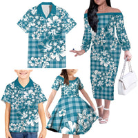 Hibiscus Pakala Ocean Depths Blue Family Matching Off The Shoulder Long Sleeve Dress and Hawaiian Shirt Tropical Floral Stylized - Polynesian Pride