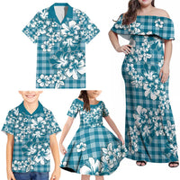 Hibiscus Pakala Ocean Depths Blue Family Matching Off Shoulder Maxi Dress and Hawaiian Shirt Tropical Floral Stylized - Polynesian Pride