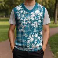 Hibiscus Pakala Ocean Depths Blue Christmas Knitted V-Neck Vest Tropical Floral Stylized - Polynesian Pride