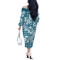 Hibiscus Pakala Ocean Depths Blue Off The Shoulder Long Sleeve Dress Tropical Floral Stylized - Polynesian Pride