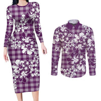 Hibiscus Pakala Sweetie Purple Couples Matching Long Sleeve Bodycon Dress and Long Sleeve Button Shirt Tropical Floral Stylized - Polynesian Pride