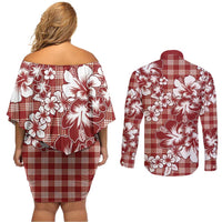 Hibiscus Pakala Fantasy Red Couples Matching Off Shoulder Short Dress and Long Sleeve Button Shirt Tropical Floral Stylized - Polynesian Pride