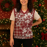 Hibiscus Pakala Fantasy Red Christmas Knitted V-Neck Vest Tropical Floral Stylized - Polynesian Pride