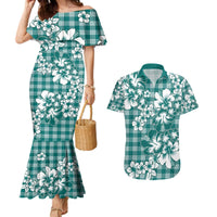 Hibiscus Pakala Aqua Teal Couples Matching Mermaid Dress and Hawaiian Shirt Tropical Floral Stylized - Polynesian Pride
