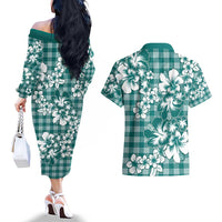 Hibiscus Pakala Aqua Teal Couples Matching Off The Shoulder Long Sleeve Dress and Hawaiian Shirt Tropical Floral Stylized - Polynesian Pride
