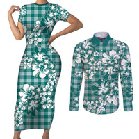 Hibiscus Pakala Aqua Teal Couples Matching Short Sleeve Bodycon Dress and Long Sleeve Button Shirt Tropical Floral Stylized - Polynesian Pride