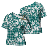 Hibiscus Pakala Aqua Teal Cross Shoulder Shirt Tropical Floral Stylized - Polynesian Pride
