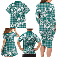 Hibiscus Pakala Aqua Teal Family Matching Long Sleeve Bodycon Dress and Hawaiian Shirt Tropical Floral Stylized - Polynesian Pride