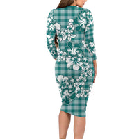 Hibiscus Pakala Aqua Teal Family Matching Long Sleeve Bodycon Dress and Hawaiian Shirt Tropical Floral Stylized - Polynesian Pride