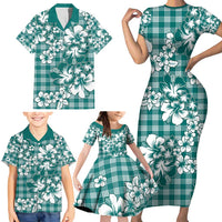 Hibiscus Pakala Aqua Teal Family Matching Short Sleeve Bodycon Dress and Hawaiian Shirt Tropical Floral Stylized - Polynesian Pride