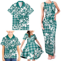 Hibiscus Pakala Aqua Teal Family Matching Tank Maxi Dress and Hawaiian Shirt Tropical Floral Stylized - Polynesian Pride