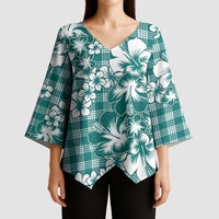 Hibiscus Pakala Aqua Teal Kimono Sleeve Blouse Tropical Floral Stylized - Polynesian Pride