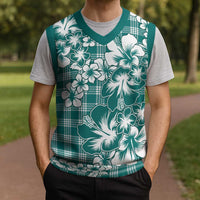 Hibiscus Pakala Aqua Teal Christmas Knitted V-Neck Vest Tropical Floral Stylized - Polynesian Pride