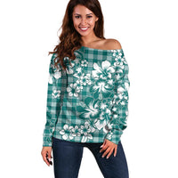Hibiscus Pakala Aqua Teal Off Shoulder Sweater Tropical Floral Stylized - Polynesian Pride