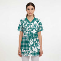 Hibiscus Pakala Aqua Teal Scrub Top Tropical Floral Stylized - Polynesian Pride