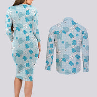 Hawaii Anthurium Tiare Pikake Lei Couples Matching Long Sleeve Bodycon Dress and Long Sleeve Button Shirt UliUli Lauhala Art Pattern LT01 - Polynesian Pride