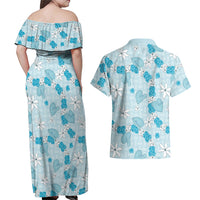 Hawaii Anthurium Tiare Pikake Lei Couples Matching Off Shoulder Maxi Dress and Hawaiian Shirt UliUli Lauhala Art Pattern LT01 - Polynesian Pride