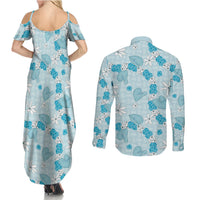 Hawaii Anthurium Tiare Pikake Lei Couples Matching Summer Maxi Dress and Long Sleeve Button Shirt UliUli Lauhala Art Pattern LT01 - Polynesian Pride
