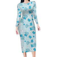 Hawaii Anthurium Tiare Pikake Lei Long Sleeve Bodycon Dress UliUli Lauhala Art Pattern
