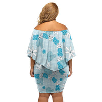 Hawaii Anthurium Tiare Pikake Lei Off Shoulder Short Dress UliUli Lauhala Art Pattern