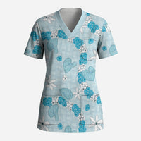 Hawaii Anthurium Tiare Pikake Lei Scrub Top UliUli Lauhala Art Pattern LT01 Adult Blue - Polynesian Pride