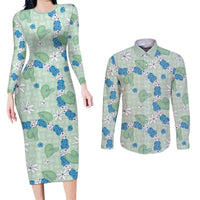Hawaii Anthurium Tiare Pikake Lei Couples Matching Long Sleeve Bodycon Dress and Long Sleeve Button Shirt Omaomao Lauhala Art Pattern LT01 Green - Polynesian Pride