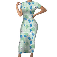 Hawaii Anthurium Tiare Pikake Lei Short Sleeve Bodycon Dress Omaomao Lauhala Art Pattern LT01 Long Dress Green - Polynesian Pride